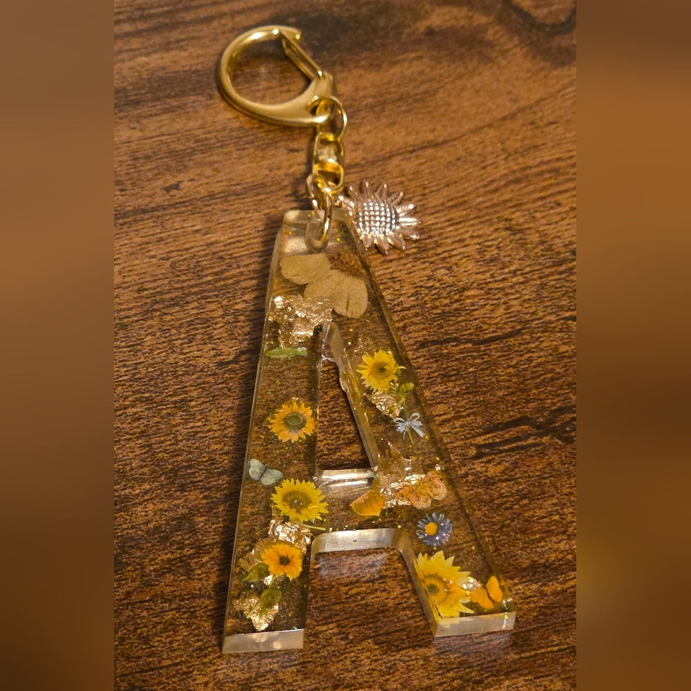 Floral Resin Keychain/ Bag Charm with Sunflower & Butterfly Design Letter A
